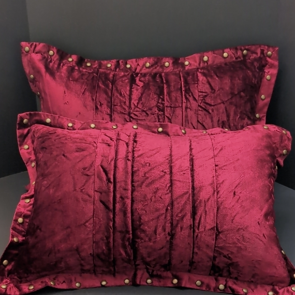 Pier 1,Set of 2 Red Velvet Throw Pillows with Bronze Studded Accents.